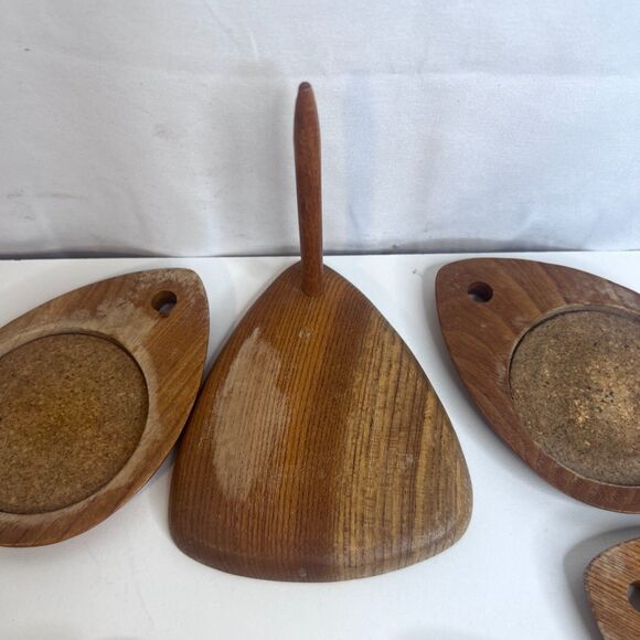 VTG Sere Wooden Cork Coaster Set of 7 w/ Holder MCM Stacked Teardrop Barware - Picture 7 of 16